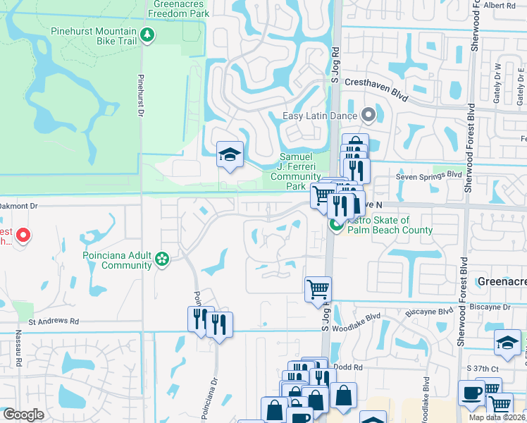 map of restaurants, bars, coffee shops, grocery stores, and more near 3108 Grandiflora Drive in Greenacres