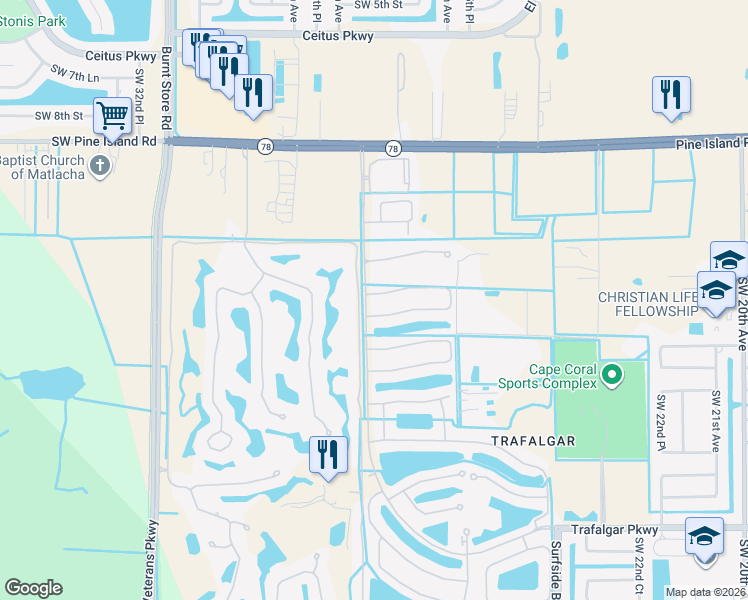map of restaurants, bars, coffee shops, grocery stores, and more near 2665 Lambay Court in Cape Coral