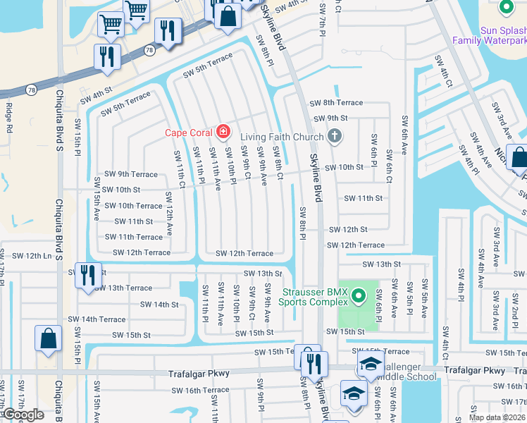 map of restaurants, bars, coffee shops, grocery stores, and more near 1104 Southwest 9th Avenue in Cape Coral