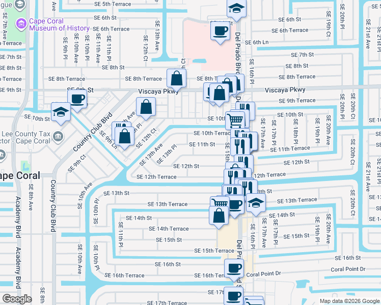 map of restaurants, bars, coffee shops, grocery stores, and more near 1317 Southeast 11th Terrace in Cape Coral