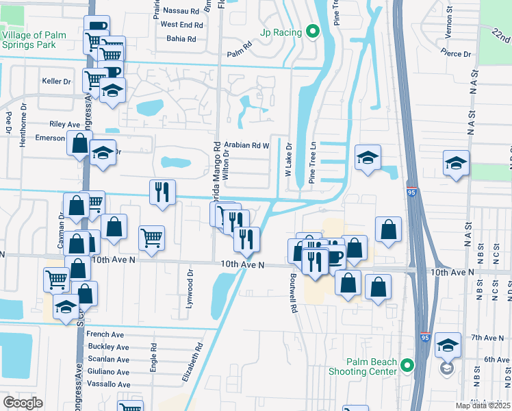 map of restaurants, bars, coffee shops, grocery stores, and more near 2411 Waterside Drive in Lake Worth