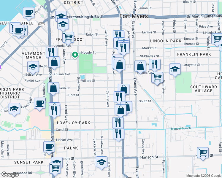 map of restaurants, bars, coffee shops, grocery stores, and more near 2411 Dora Street in Fort Myers