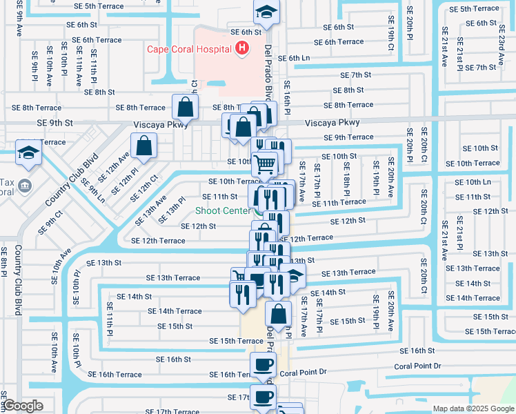 map of restaurants, bars, coffee shops, grocery stores, and more near 1444 Southeast 11th Terrace in Cape Coral