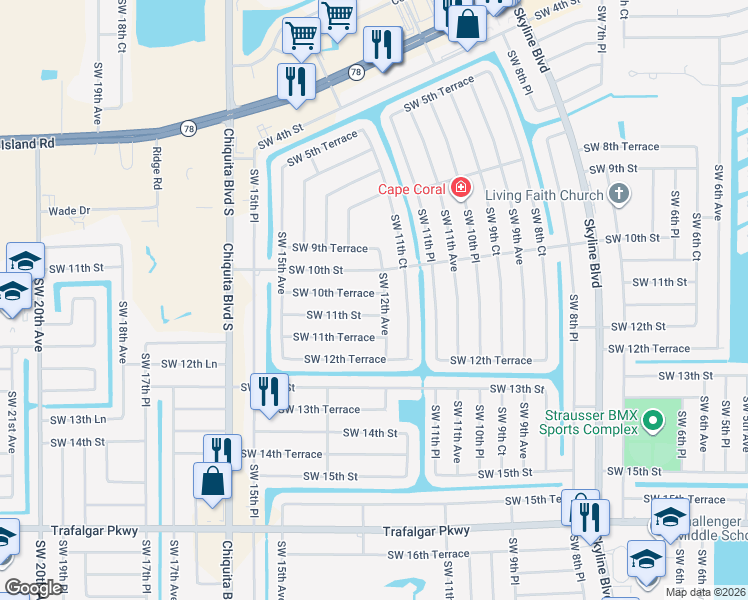 map of restaurants, bars, coffee shops, grocery stores, and more near 1025 Southwest 12th Avenue in Cape Coral