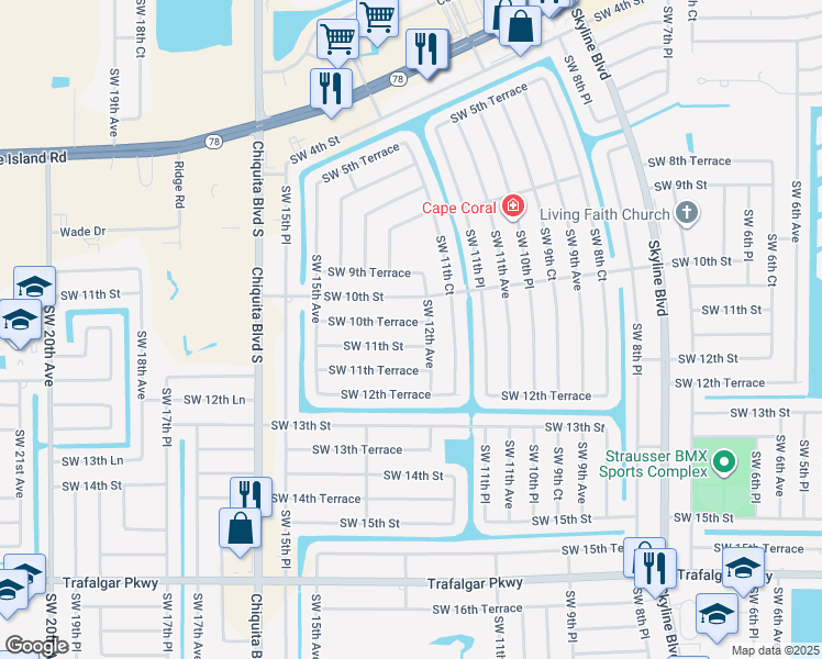 map of restaurants, bars, coffee shops, grocery stores, and more near 1025 Southwest 12th Avenue in Cape Coral