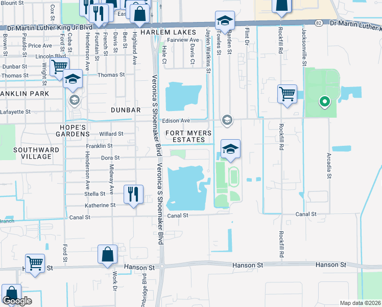 map of restaurants, bars, coffee shops, grocery stores, and more near 3724 Suntrust Drive in Fort Myers