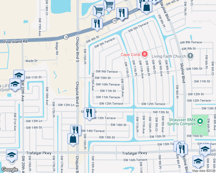 map of restaurants, bars, coffee shops, grocery stores, and more near 1310 Southwest 10th Terrace in Cape Coral