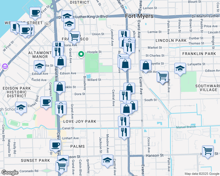 map of restaurants, bars, coffee shops, grocery stores, and more near 2335 Dora Street in Fort Myers