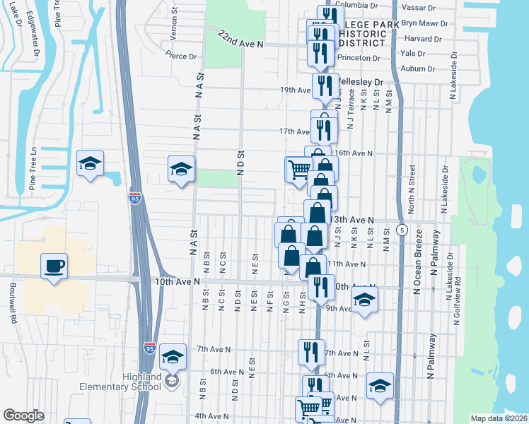 map of restaurants, bars, coffee shops, grocery stores, and more near 1227 North E Street in Lake Worth