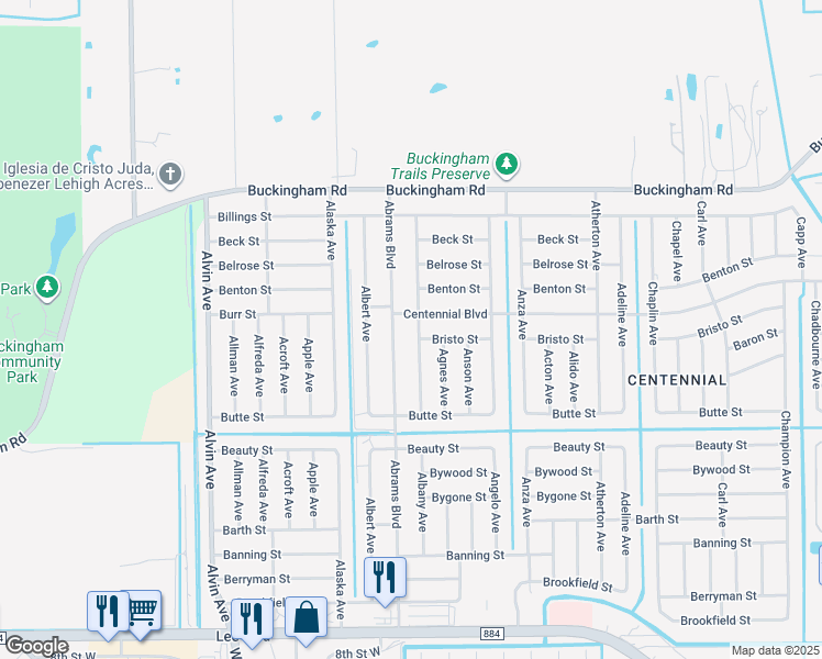 map of restaurants, bars, coffee shops, grocery stores, and more near 1037 Albany Avenue in Lehigh Acres