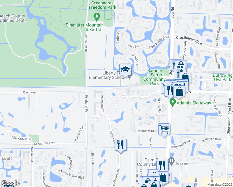map of restaurants, bars, coffee shops, grocery stores, and more near 3146 Via Poinciana in Greenacres