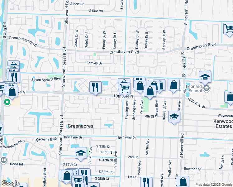 map of restaurants, bars, coffee shops, grocery stores, and more near 89 Lancaster Drive in Greenacres