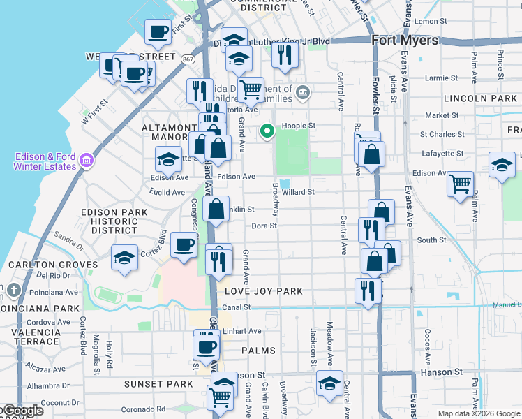 map of restaurants, bars, coffee shops, grocery stores, and more near 2113 Dora Street in Fort Myers