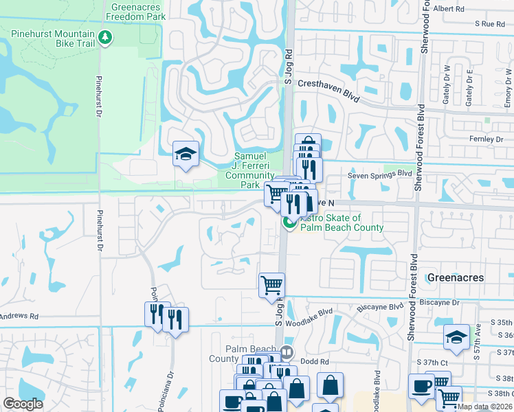 map of restaurants, bars, coffee shops, grocery stores, and more near 4514 Jog Park Drive in Greenacres