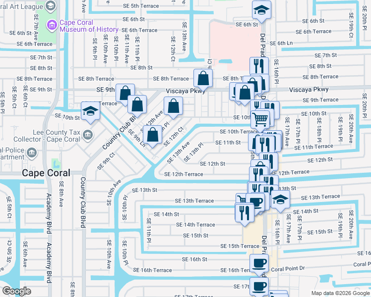 map of restaurants, bars, coffee shops, grocery stores, and more near 1107 Southeast 13th Avenue in Cape Coral