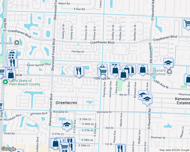 map of restaurants, bars, coffee shops, grocery stores, and more near 89 Lancaster Drive in Greenacres