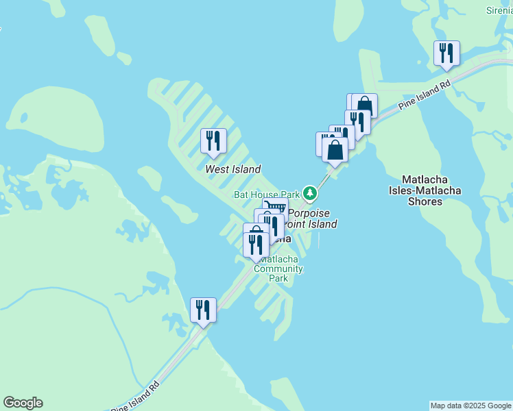 map of restaurants, bars, coffee shops, grocery stores, and more near 2501 Broadwater Street in Matlacha