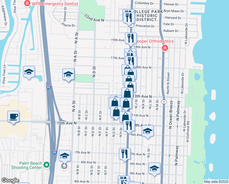 map of restaurants, bars, coffee shops, grocery stores, and more near 1226 North F Street in Lake Worth