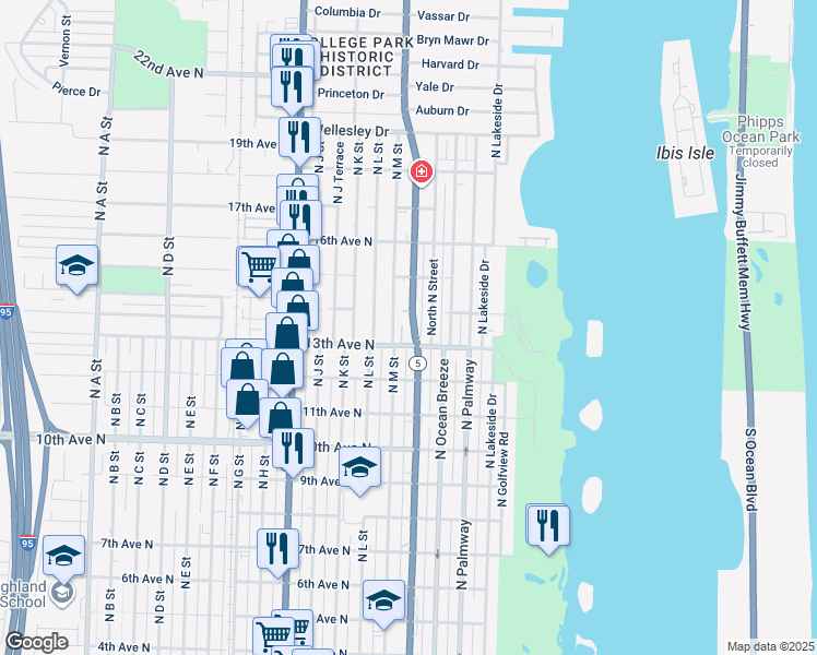 map of restaurants, bars, coffee shops, grocery stores, and more near 1252 North Federal Highway in Lake Worth