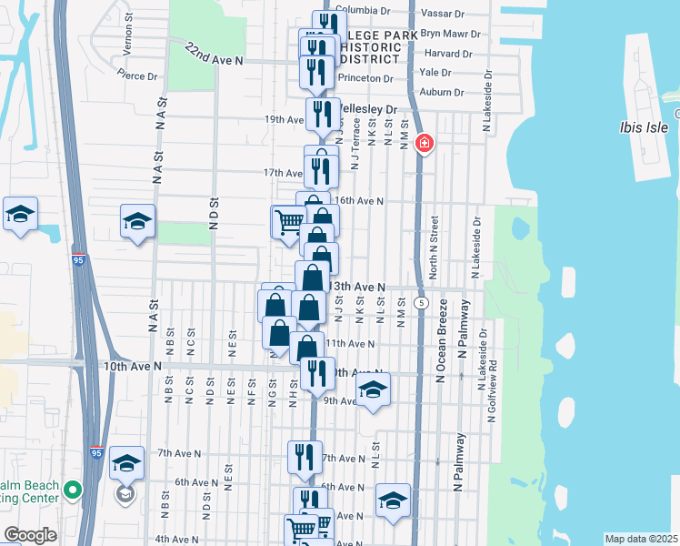 map of restaurants, bars, coffee shops, grocery stores, and more near 1230 North Dixie Highway in Lake Worth