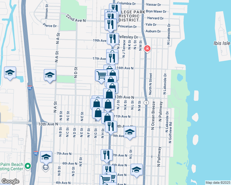 map of restaurants, bars, coffee shops, grocery stores, and more near 1230 North Dixie Highway in Lake Worth