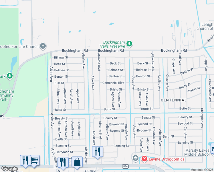 map of restaurants, bars, coffee shops, grocery stores, and more near 1037 Albany Avenue in Lehigh Acres