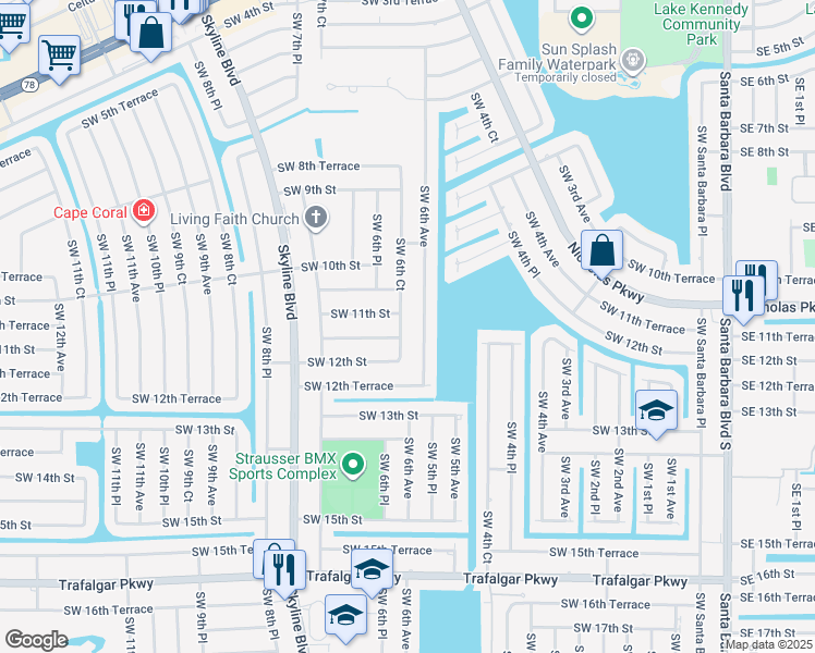 map of restaurants, bars, coffee shops, grocery stores, and more near 1107 Southwest 6th Court in Cape Coral