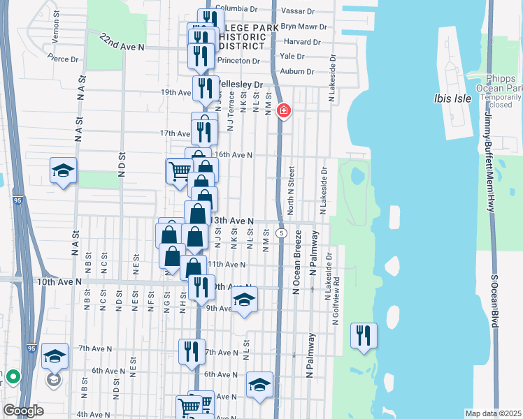 map of restaurants, bars, coffee shops, grocery stores, and more near 1232 North L Street in Lake Worth