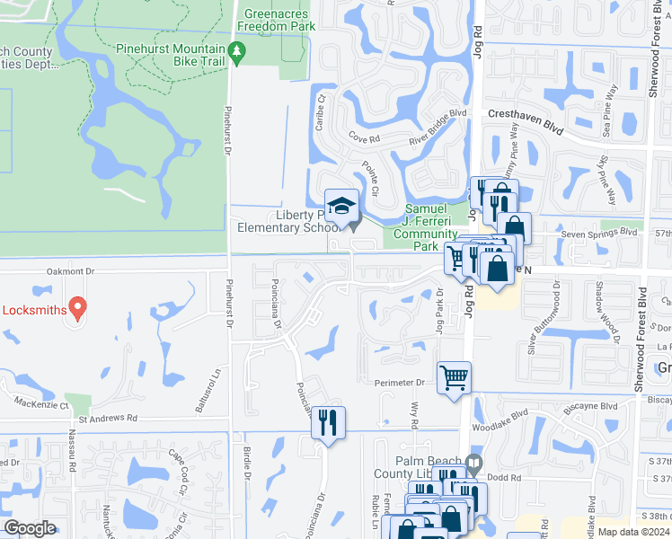 map of restaurants, bars, coffee shops, grocery stores, and more near 3154 Via Poinciana in Lake Worth
