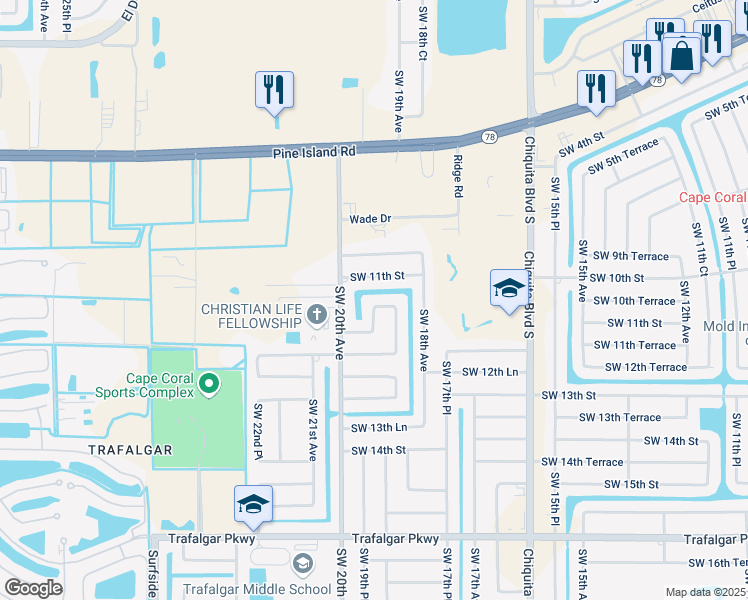 map of restaurants, bars, coffee shops, grocery stores, and more near 1902 Southwest 11th Street in Cape Coral