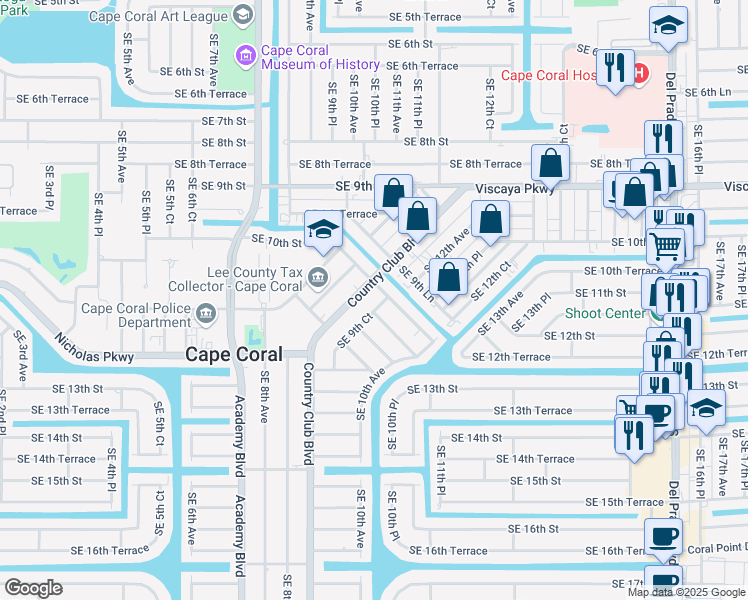 map of restaurants, bars, coffee shops, grocery stores, and more near 1008 Southeast 9th Court in Cape Coral