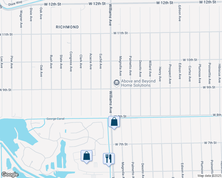 map of restaurants, bars, coffee shops, grocery stores, and more near West 9th Street in Lehigh Acres