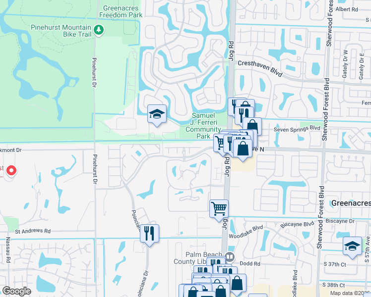 map of restaurants, bars, coffee shops, grocery stores, and more near 3110 Grandiflora Drive in Greenacres