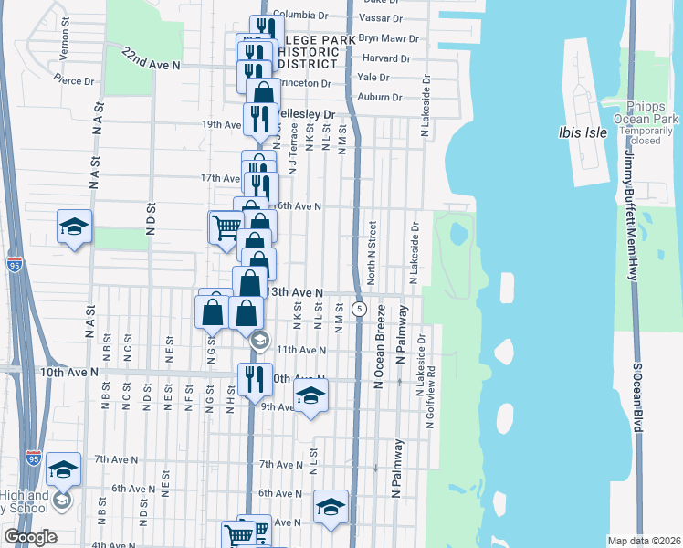 map of restaurants, bars, coffee shops, grocery stores, and more near 1402 North L Street in Lake Worth