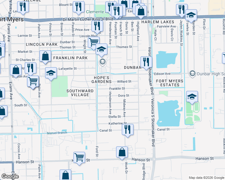 map of restaurants, bars, coffee shops, grocery stores, and more near 2419 Henderson Avenue in Fort Myers
