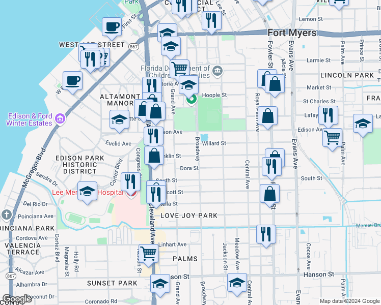 map of restaurants, bars, coffee shops, grocery stores, and more near 2176 Willard Street in Fort Myers