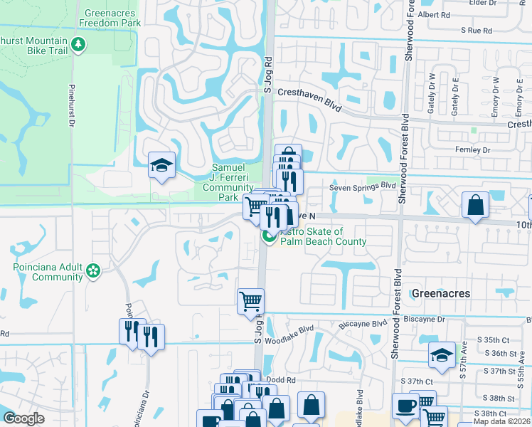 map of restaurants, bars, coffee shops, grocery stores, and more near Jog Rd & 10th Ave N in Greenacres