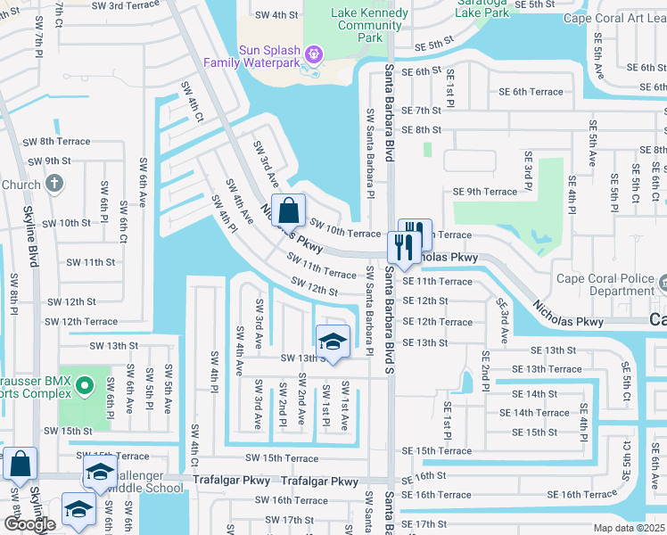 map of restaurants, bars, coffee shops, grocery stores, and more near 127 Southwest 11th Terrace in Cape Coral