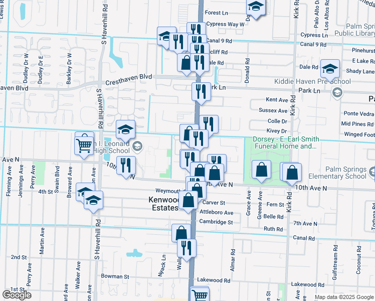 map of restaurants, bars, coffee shops, grocery stores, and more near Evergreen Lane in Palm Beach County