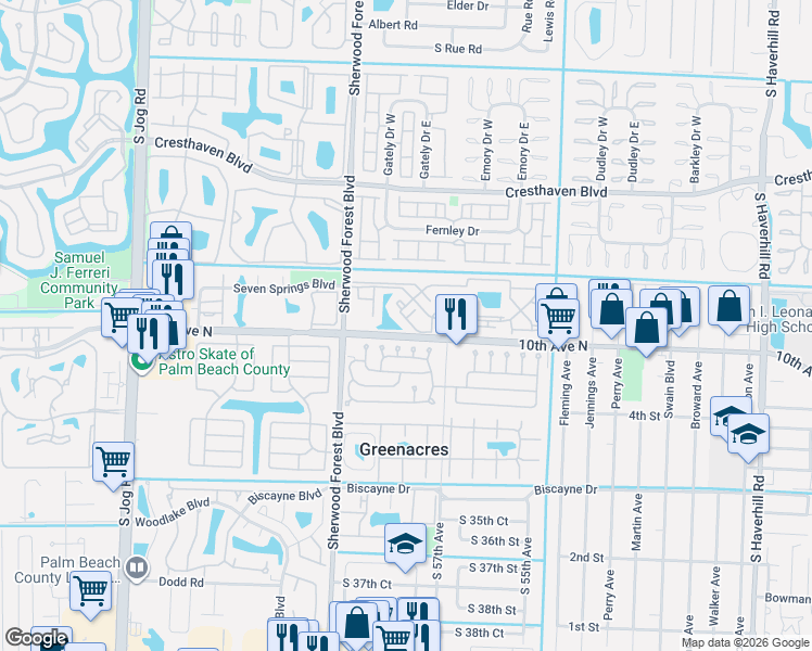 map of restaurants, bars, coffee shops, grocery stores, and more near 3703 Inlet Circle in Greenacres