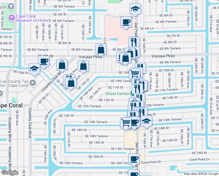 map of restaurants, bars, coffee shops, grocery stores, and more near 1403 Southeast 11th Street in Cape Coral