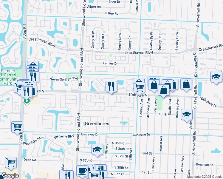 map of restaurants, bars, coffee shops, grocery stores, and more near 3201 Poolside Drive in Greenacres