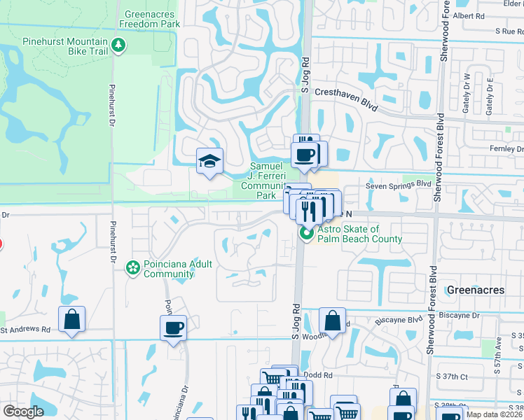 map of restaurants, bars, coffee shops, grocery stores, and more near 3086 Grandiflora Drive in Greenacres