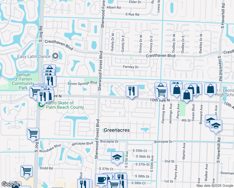 map of restaurants, bars, coffee shops, grocery stores, and more near 3702 Inlet Circle in Greenacres