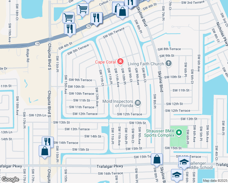 map of restaurants, bars, coffee shops, grocery stores, and more near 1013 Southwest 11th Place in Cape Coral