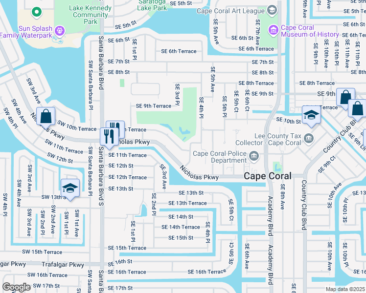 map of restaurants, bars, coffee shops, grocery stores, and more near 319 Southeast 10th Terrace in Cape Coral