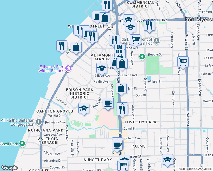 map of restaurants, bars, coffee shops, grocery stores, and more near 2476 Euclid Avenue in Fort Myers