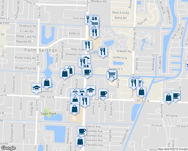 map of restaurants, bars, coffee shops, grocery stores, and more near 3484 Summer Street in Palm Springs