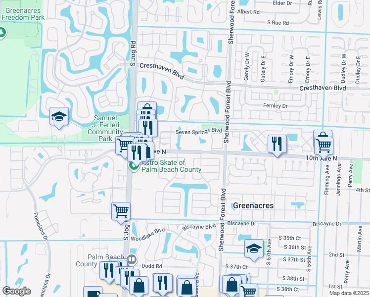 map of restaurants, bars, coffee shops, grocery stores, and more near 6254 Seven Springs Boulevard in Greenacres