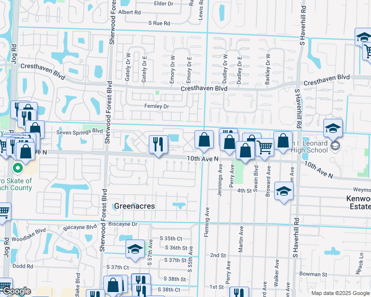 map of restaurants, bars, coffee shops, grocery stores, and more near 704 Riverside Drive in Greenacres